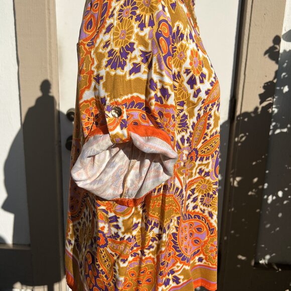 RACHEL ZOE Orange Gold Button-Up Short Sleeve Loose Fitting Blouse - Size Large - Picture 4 of 9